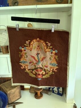 Vintage Embroidered Bird Tapestry Wall Hanging in Brown